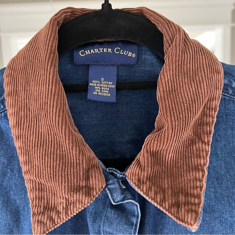 Charter Club Cropped Denim Jacket Barn Coat Corduroy Collar Vintage